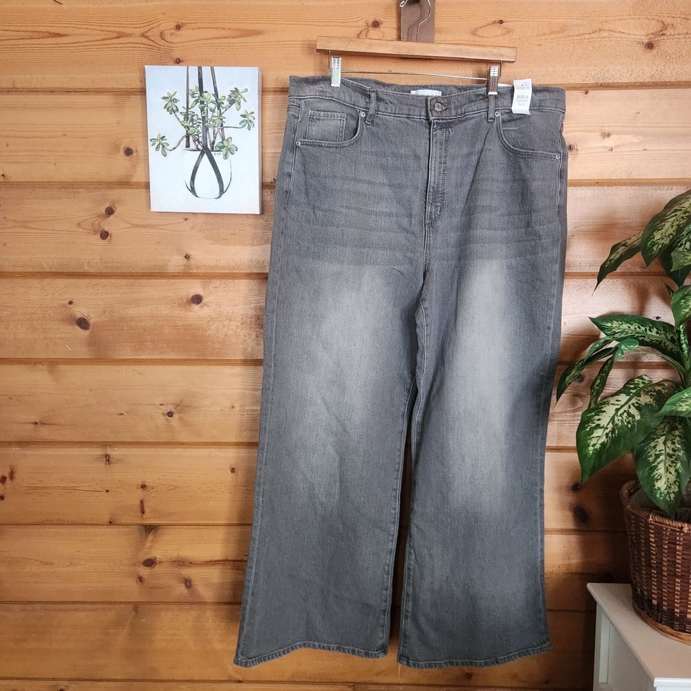 LOFT NWT High Waist The Wide Leg Jeans Gray Stone Wash Whisker Denim Plus Sz 18 - Picture 1 of 10